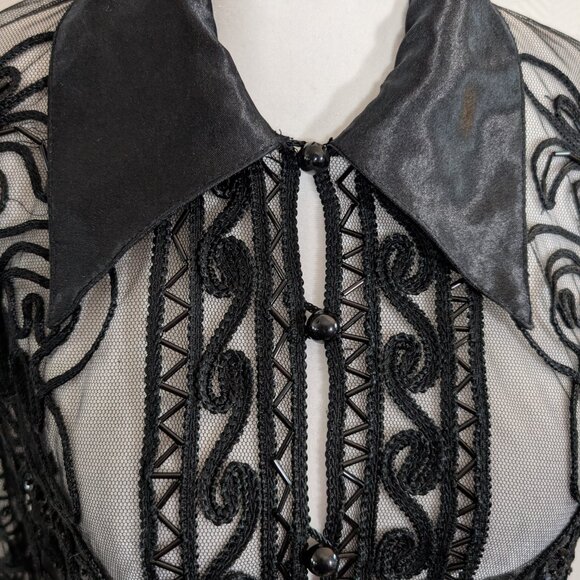 Melanie Lyne Black Sheer Embroidered Beaded Blouse Satin Collar & Cuffs Medium - Picture 4 of 13